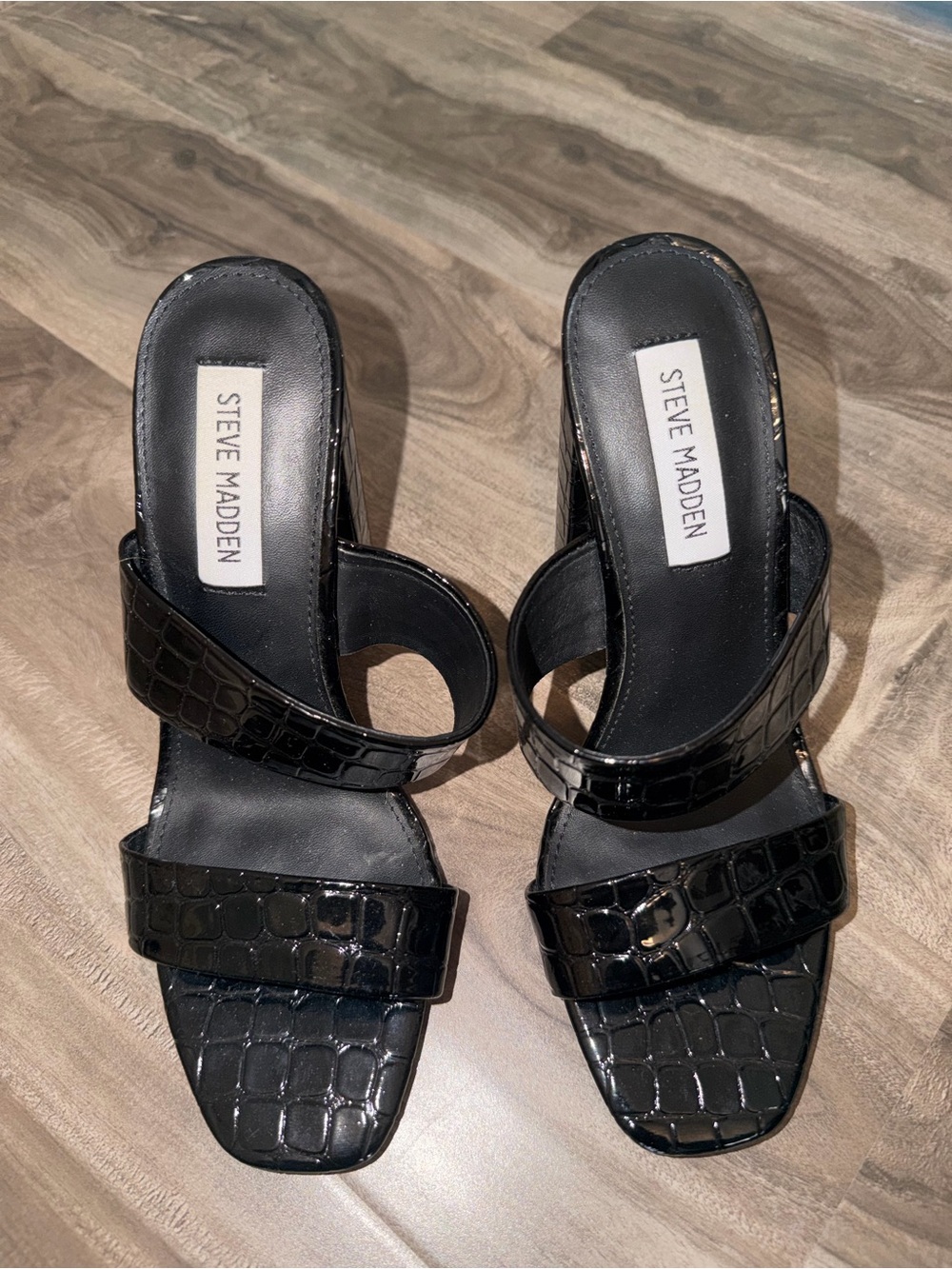 Steve Madden Black Croc-Embossed Double-Strap Slide Heels